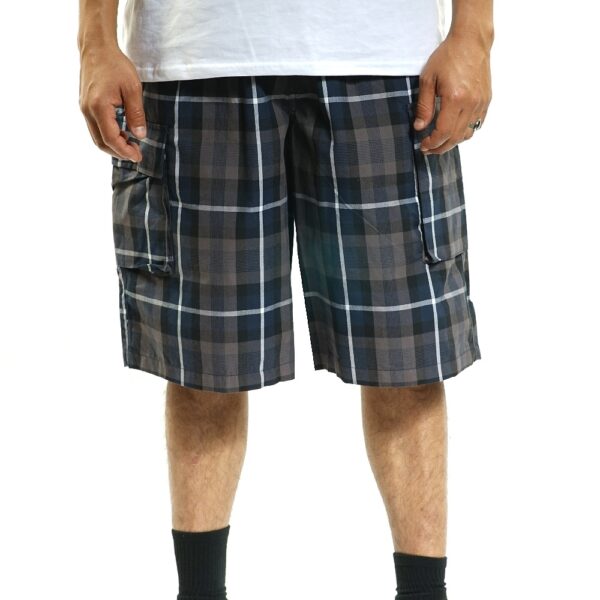 YAGO Men's Elastic Waist Drawstring Relaxed Fit Plaid Cargo Shorts Blue Gray CL2