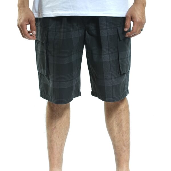 YAGO Men's Elastic Waist Drawstring Relaxed Fit Plaid Cargo Shorts Black Gray E1B